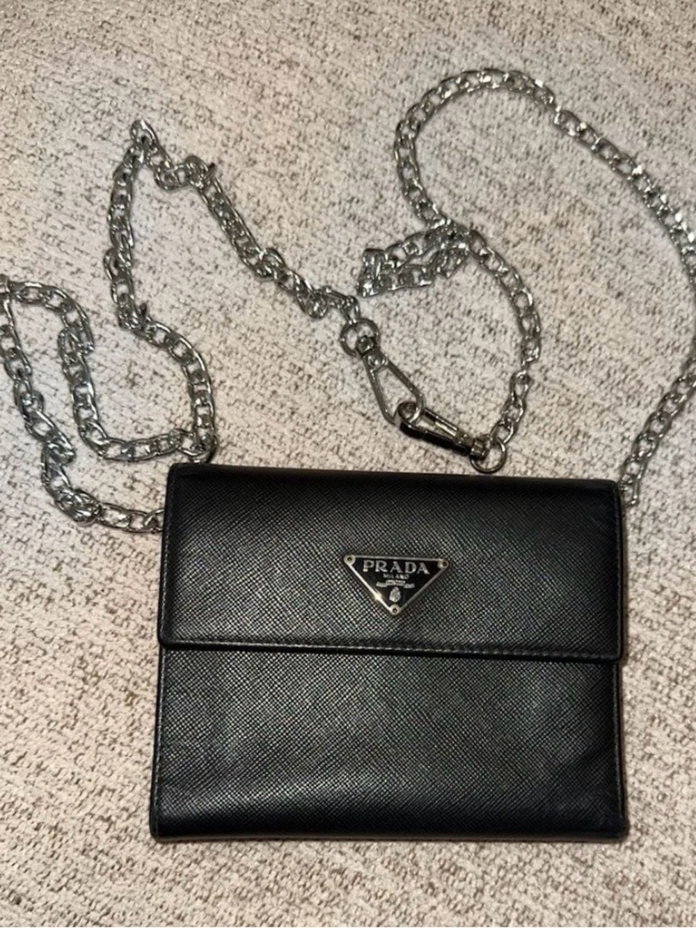 Prada Black Saffiano Leather Shoulder Wallet with Silver Chain